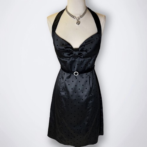 My Michelle Y2K Black Babydoll Dress Satin Halter Polkadot Bow Pin-Up Lolita 90s - Picture 9 of 17