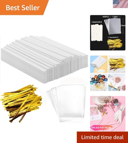 1200PCS Cake Pop Treat Bag Set: 400 Bags, Sticks & Gold Twist Ties Included