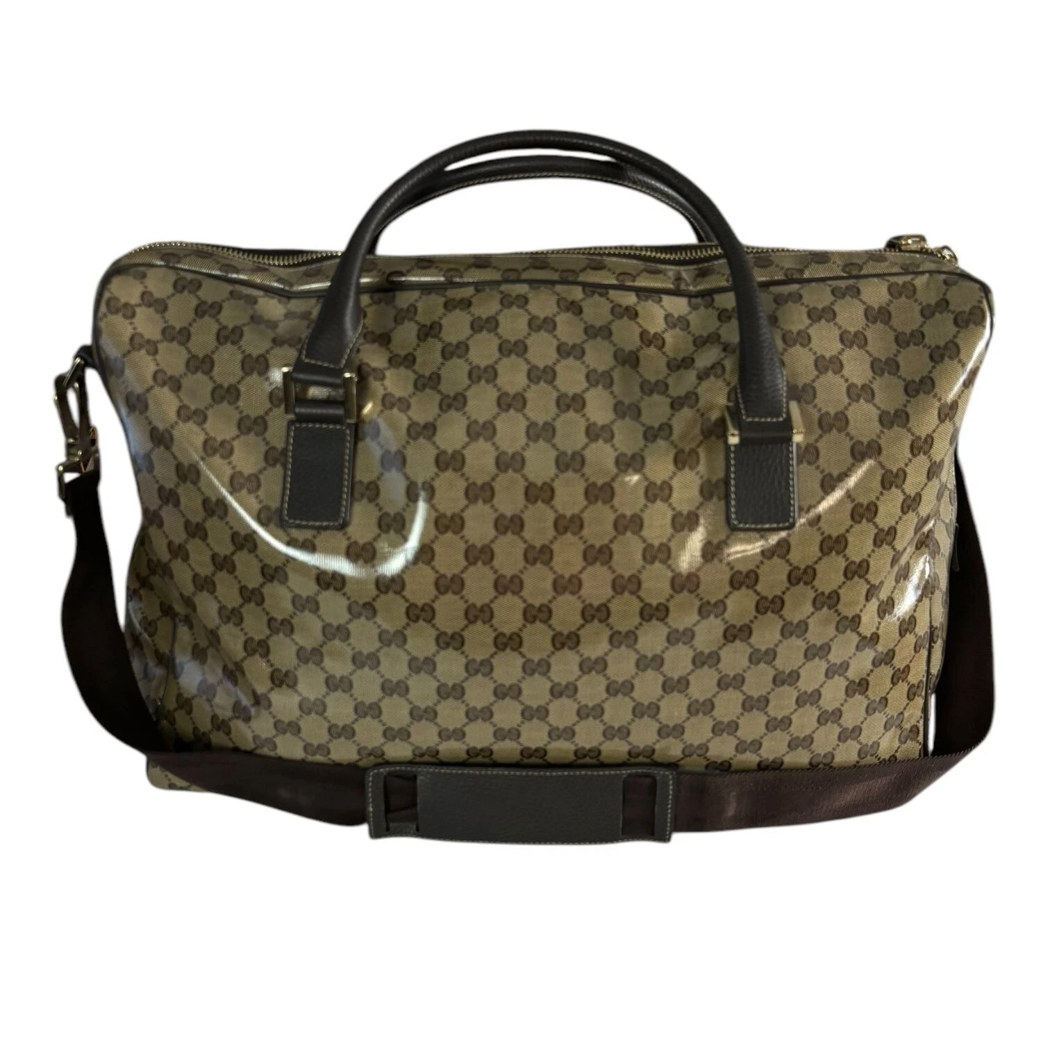 Borsa da viaggio Gucci in pelle marrone e cristallo con logo GG