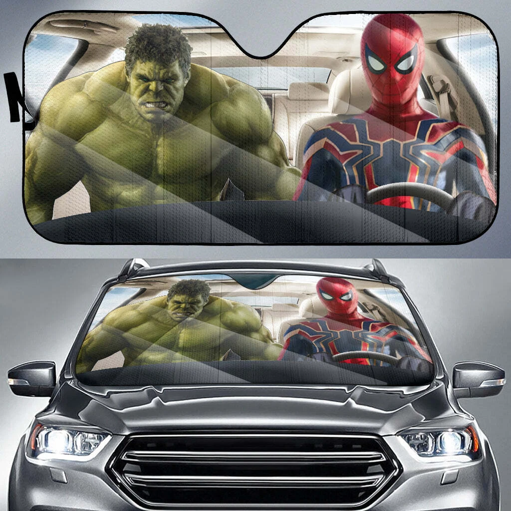 Spider Man And The Incredible Hulk Driving Car Windshield Sun