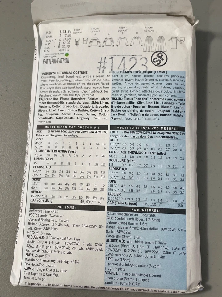 Butterick 6198 Renaissance Wench Sewing Pattern 22W-26W Making Costume UNCUT - Image 3 of 4