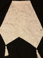 Vtg Waterford Damask Table Runner Mantle Cover 14.5”x86” Tassels White Floral