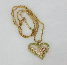18K Gold Chain Upcycled Gucci Zip Pull Charm Necklace Green Rhinestones Heart