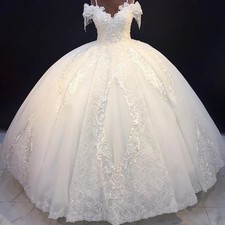 White V-Neck Bead Appliques Spaghetti Strap Wedding Dress Ball Gown Floor Length