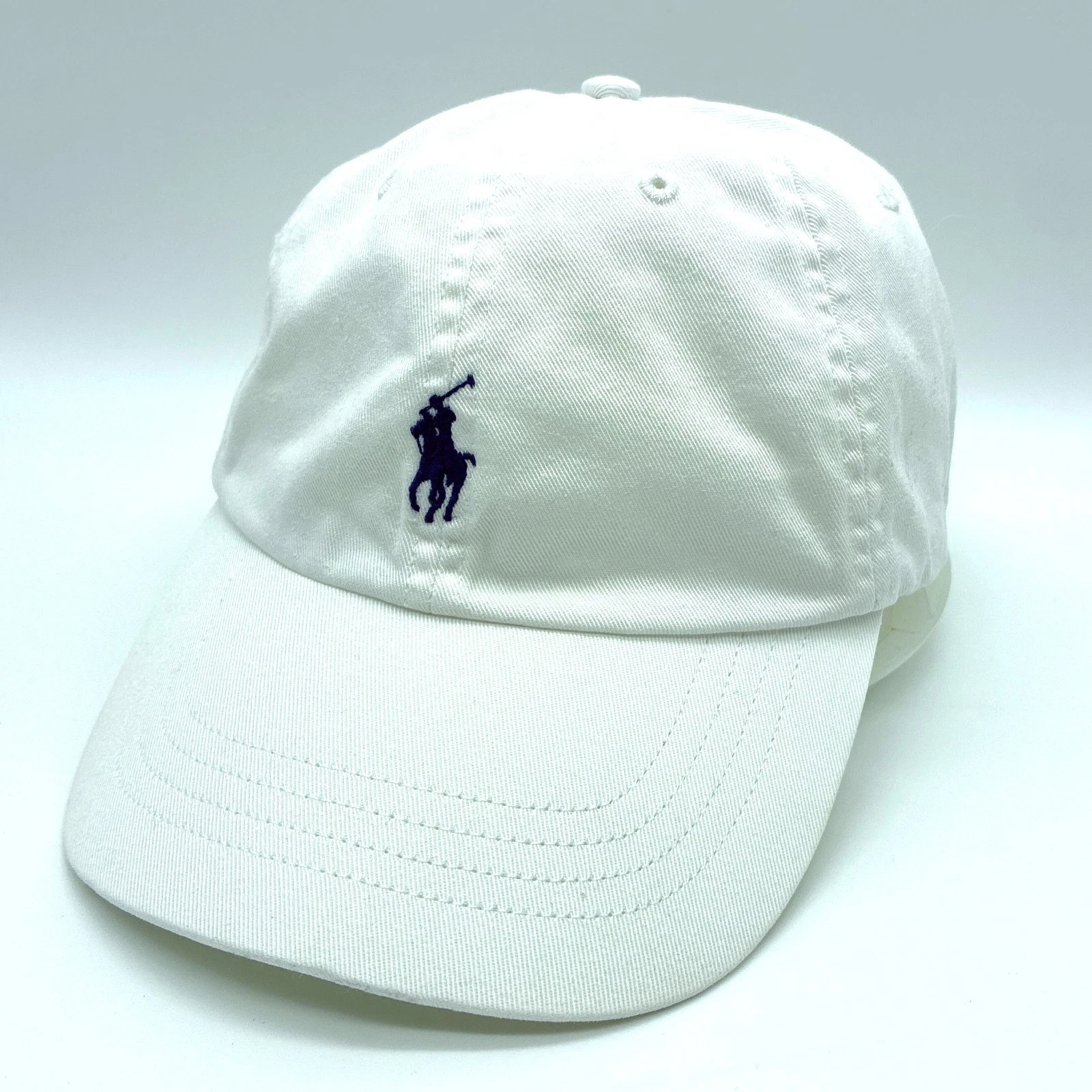 VTG Polo Ralph Lauren Hat White Blue Pony Strap Back Preppy Summer Hamptons 90s