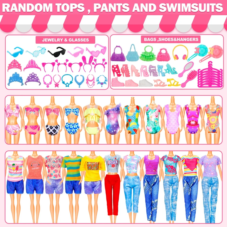 Kit de ropa para muñecas 130 piezas: 4 vestidos, 8 vestidos, 3 tops, 3 pantalones, 2 trajes de baño, 20 S Foto 3 de 4