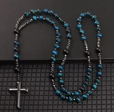 Blue Tiger Eye  Obsidian Beads Hematite Necklace Cross Pendant Mala Meditation