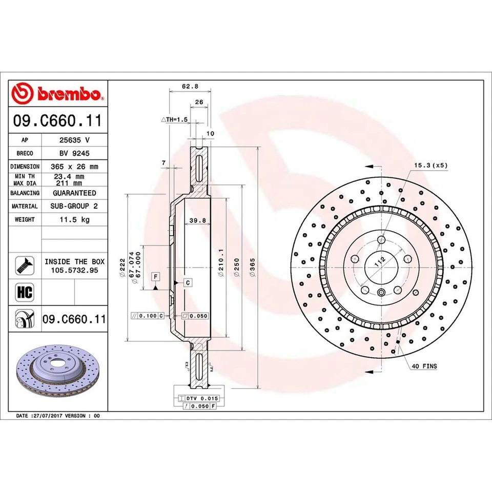 布雷博 09.C660.11 盘式制动转子 适用于 07-11 梅赛德斯-奔驰 ML63 AMG R63 AMG — 第 3/4 张图片