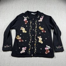 Vintage B P Design Size XL Black Embroidered Beaded Christmas Cardigan Sweater