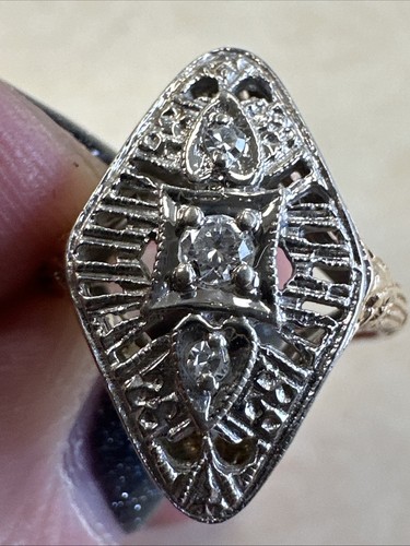Stunning Vintage Art Deco Diamond Filigree Ring 14k Yellow & White Gold Size 5 - Picture 7 of 11