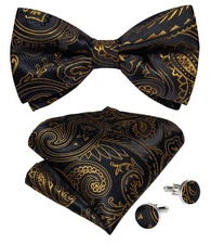 Gold & Black Mens Bowtie Pretied Bow Ties Hankie Cufflinks Set Wedding Event