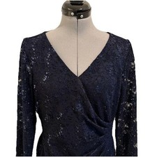 Ralph Lauren Blue Midi Long Sleeves dress lace and sequins sz 14 Ruched Waist