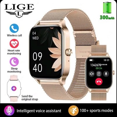 Smartwatch Damen mit Bluetooth Anruffunktion, Fitness Uhr, iOS & Android - Gold