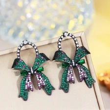 Black Gold Plated Green Ribbon Bowknot Drop Earring Cubic Zirconia Party Jewelry