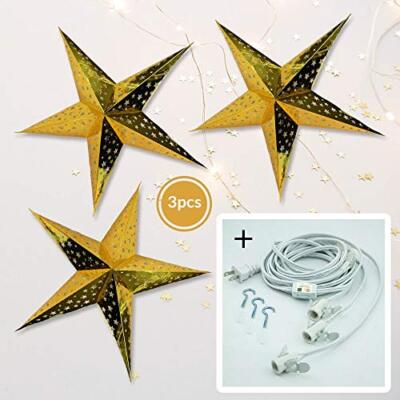 3-PACK 26'' Gold Starry Night Illuminated Paper Star Lantern, with LED Bulbs a...