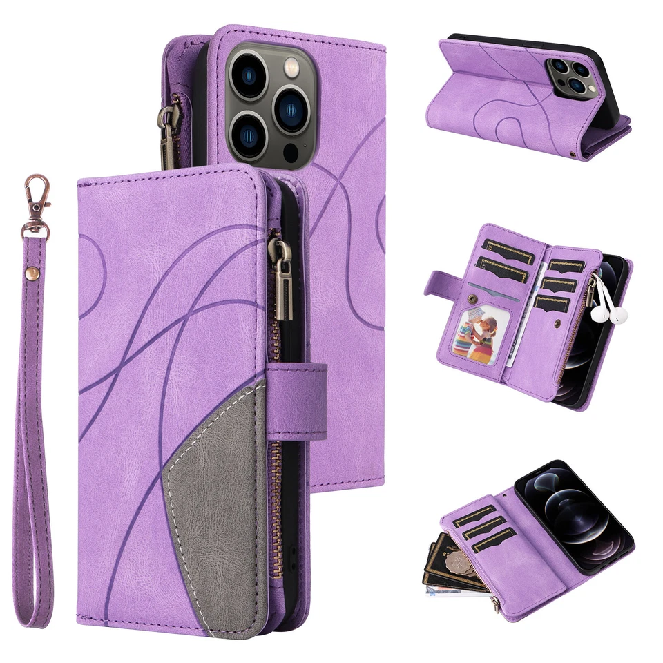 Multifunction 9 Card PU Leather Zipper Wallet Case Phone Cover For Various Model - Image 4 of 4