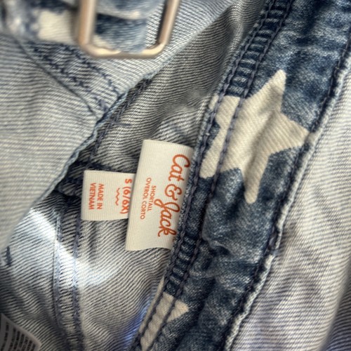 Cat Jack Girls Stars All Over Overalls Shorts Denim Blue White Button Size 6 6x - Picture 6 of 7