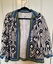 CHICOS 1 Linen Blend Tribal Lined Jacket with Colorful Trim, 3/4 slvs, MEDIUM, 8