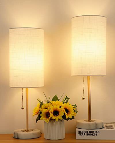 Small Table Lamp, Bedroom Lamps Set of 2, 3 Way White/Gold & Marble Base