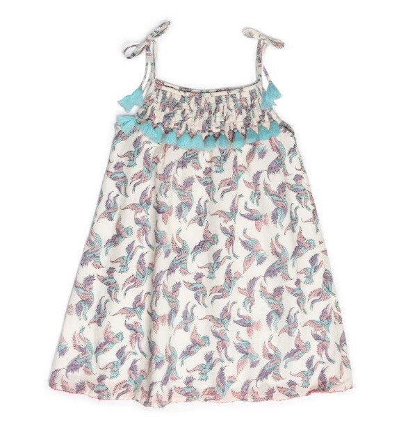 NWT egg New York Cordelia bird-print dress - 10Y - lined, tassels, teal & pink