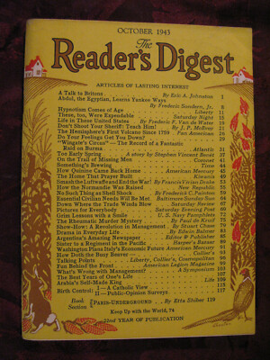 Reader's Digest October 1943 Hypnotism Stuart Chase Paul De Kruif Edwin Balmer