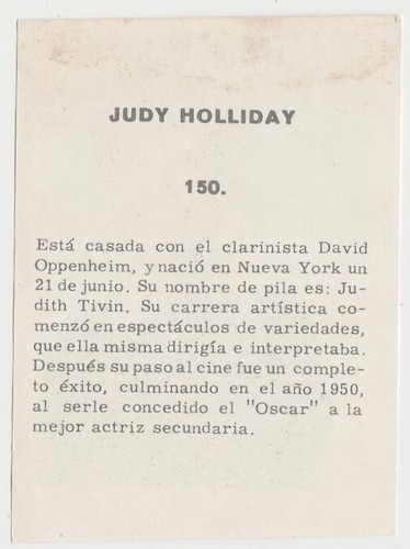 Tarjeta coleccionable de papel stock de Judy Holliday 1961 Perú Artistas del Cine #150 E1 - Imagen 2 de 2