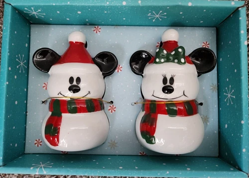 Disney Mickey & Minnie Mouse Snowman Salt Pepper Shaker Christmas Holiday