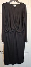 Nine West Dress Womens XL Black Midi Twist Front Ribbed Side Slits Long Sleeve
