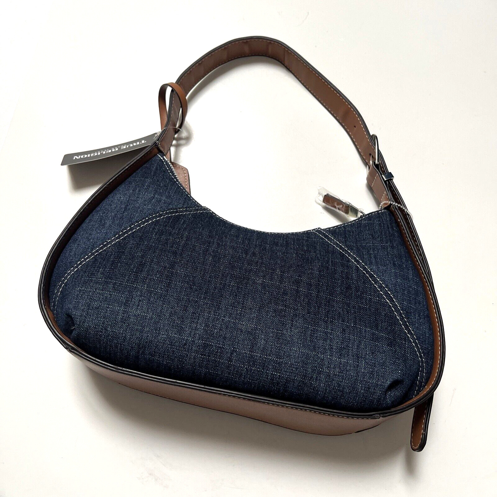NWT Original TRUE RELIGION Denim Shoulder Bag Embellished Horseshoe Studded Blue image 6