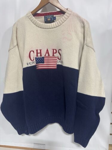 Vintage Polo Ralph Lauren American Flag Sweater 90s Knit Cream Color Bleed