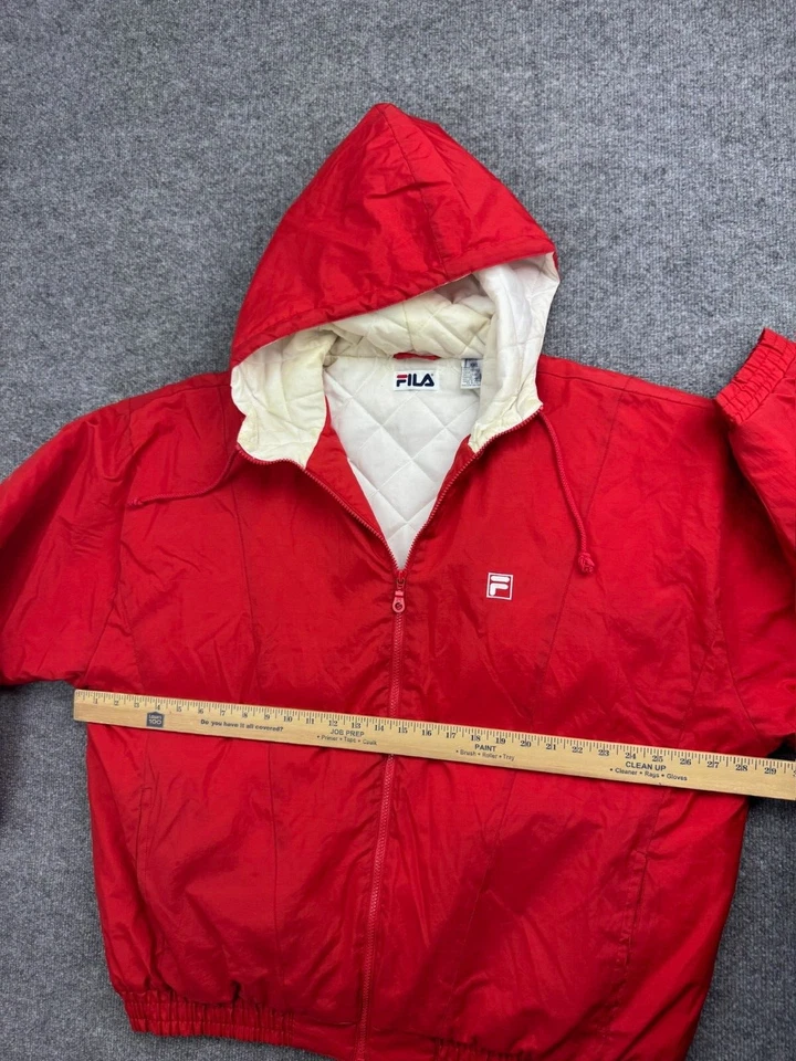 Vintage 90s Fila Puffer Jacket Men's XXL Red Zip Up Hooded LITTLE Logo Pockets - Image 4 of 4
