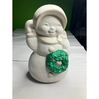 Vintage White Ceramic Snowman with Green and Red Wreath Holiday/Christmas Decora