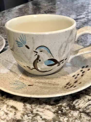 Vtg 1950Red Wing Pottery Cups & Saucers Set Of 4 MCM Quail Design - Picture 8 of 8