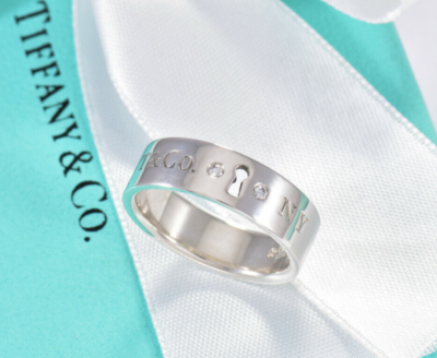 Tiffany & Co Sterling Silver Two Diamond Keyhole Lock Ring Size 6