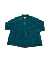 Vtg Chico's Silk Embroidered Jacket Size 2 L Button Up Teal Old Money Regency