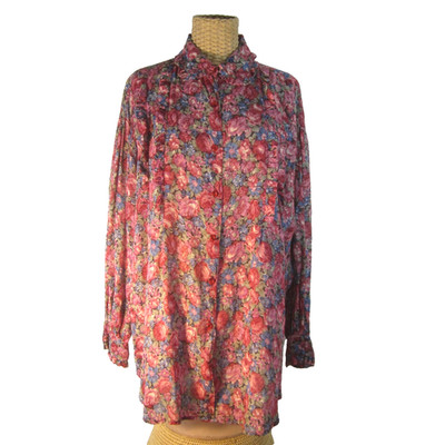 Vtg Take Away Womens M Pink  Floral Ruffle Shirt Cotton Rayon Y2K Relaxed Fit