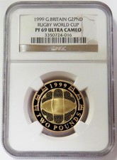 1999 GOLD GREAT BRITAIN 311 MINTED PROOF 2 POUNDS RUGBY WORLD CUP NGC PF 69 UC