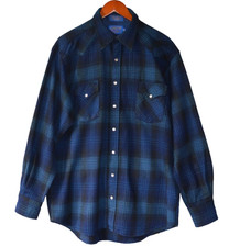 PENDLETON Vintage USA Material Western Navy Blue SZ L Long Wool Flannel Shirt
