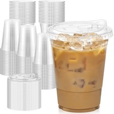 100 Pack 16 oz Clear Plastic Cups with Lids, Sturdy Food Safe Iced Coffee ...