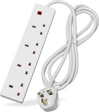 4 way extension lead 1m cable multi plug wall mountable white socket