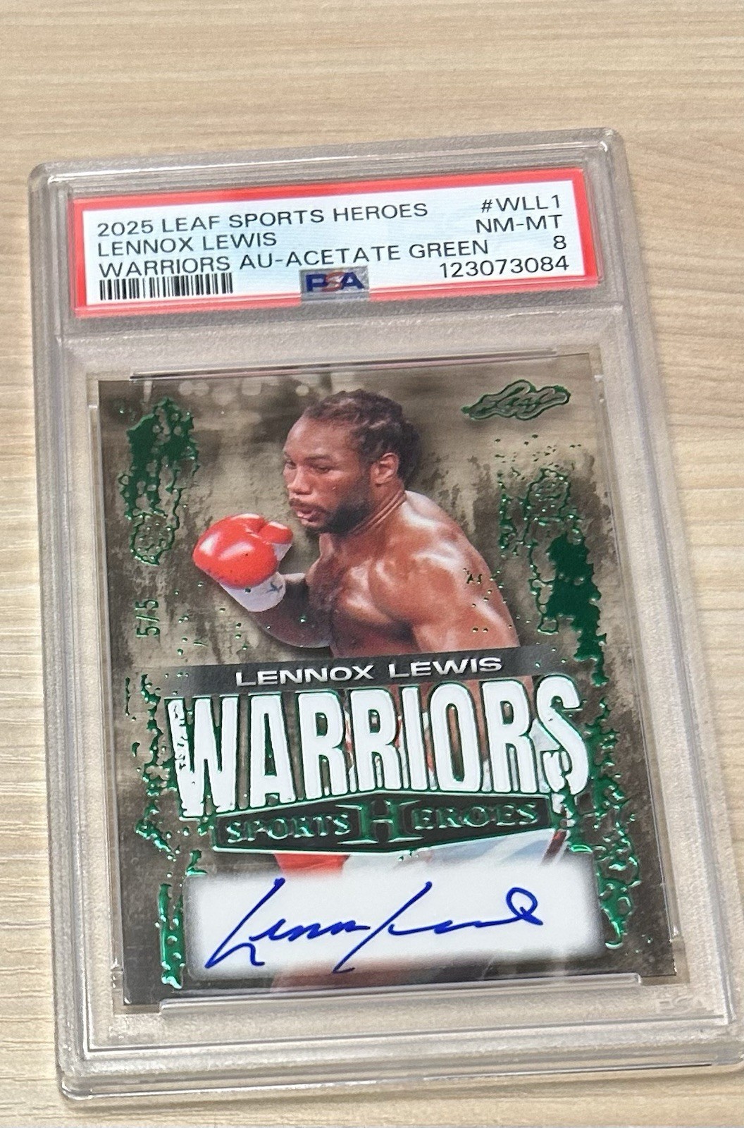 PSA 8 LENNOX LEWIS 2025 LEAF SPORTS HEROES ACETATE WARRIORS AUTO GREEN #5/5  view 4