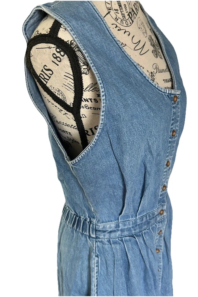 Vestido sin mangas vintage Eddie Bauer con botones delanteros de mezclilla con cintura elástica talla M años 90 Foto 3 de 4