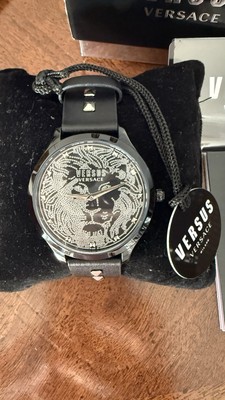 Versus Versace 40mm Domus Leather Stud Watch IP Black Case Black Dial New