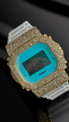 Custom Moissanite G-Shock DW-5600 Watch Yellow Bezel Blue Face