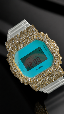 Custom Moissanite G-Shock DW-5600 Watch Yellow Bezel Blue Face