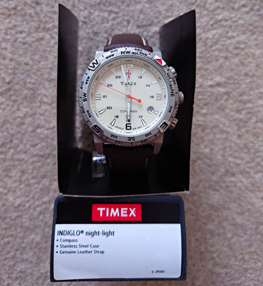 Timex Adventure Compass 40-43.9mm White Quartz Watch Brown Leather Strap T2P287 - Image 1 of 1