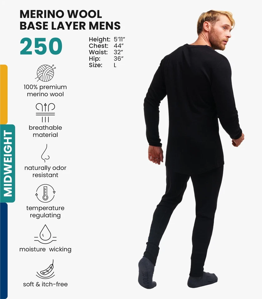 Merino Wool Base Layer Mens Set - Heavyweight, Midweight, Lite Merino Wool Th... - Image 2 of 4