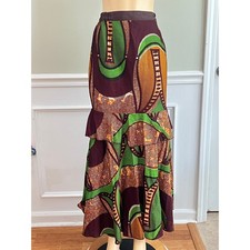 Ankara Maxi Skirt M Tall Lined Brown Tiered Ruffle African Tribal Vibrant Maxi