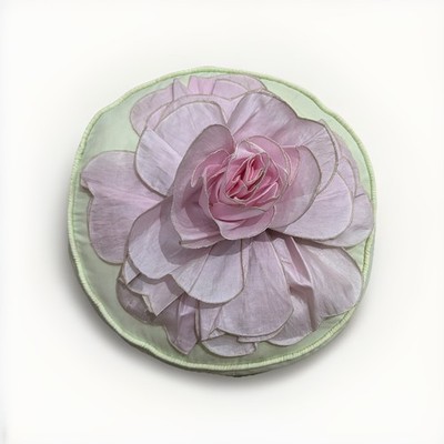Vintage Delicate Piled Fabric Rose Round Throw Pillow 3D Flower Green/Pink