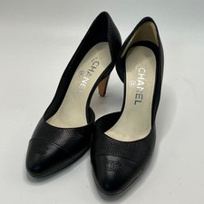 Chanel CC Logo Cap Toe Pumps G26704 Black Reptile-Embossed Leather Size 35.5